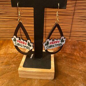 NWT Merry Christmas Wooden Cut out Pierced Dangle Earrings